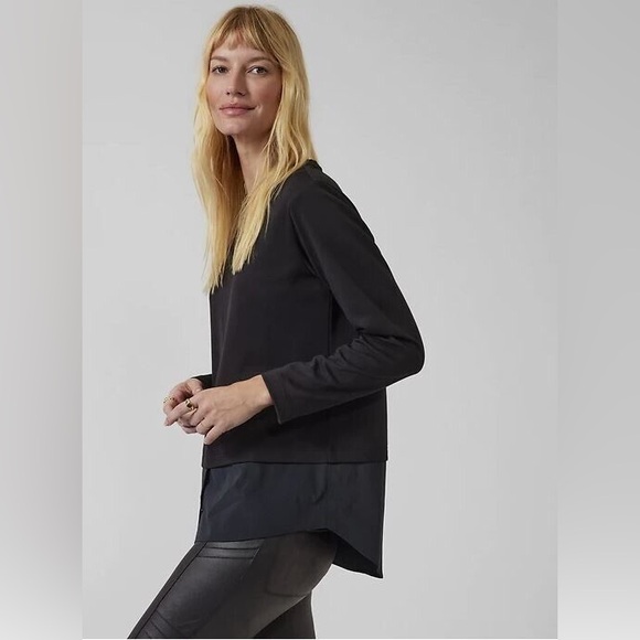 Athleta Black Long Sleeve Gallery Top Blouse Button Mix Media Sz M - Picture 1 of 6
